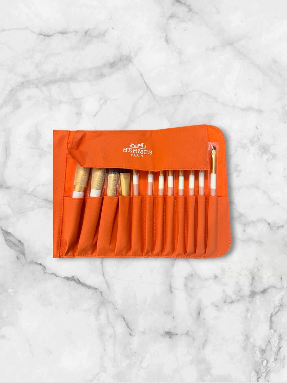 NWB Source Unknown Orange Makeup Brush Roll Pouch & 12 Brushes